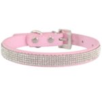 A pink leather collar studded with rows of small rhinestones with stainless steel buckles