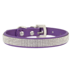 A purple leather collar studded with rows of small rhinestones with stainless steel buckles