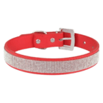 A red leather collar studded with rows of small rhinestones with stainless steel buckles