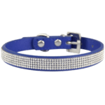 A blue leather collar studded with rows of small rhinestones with stainless steel buckles