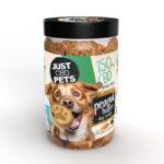 A clear, cylindric jar filled with organic CBD pet treats closed with a black lid.