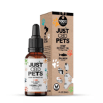 A 1.0 fl.oz. tintcure of Just CBD brand CBD oil for cats. Product is displayed in front of its box.